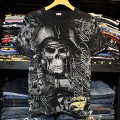 Vintage Y2K Cozumel Mexico AOP Sick Pirate Skulls Graphic T-Shirt Size S