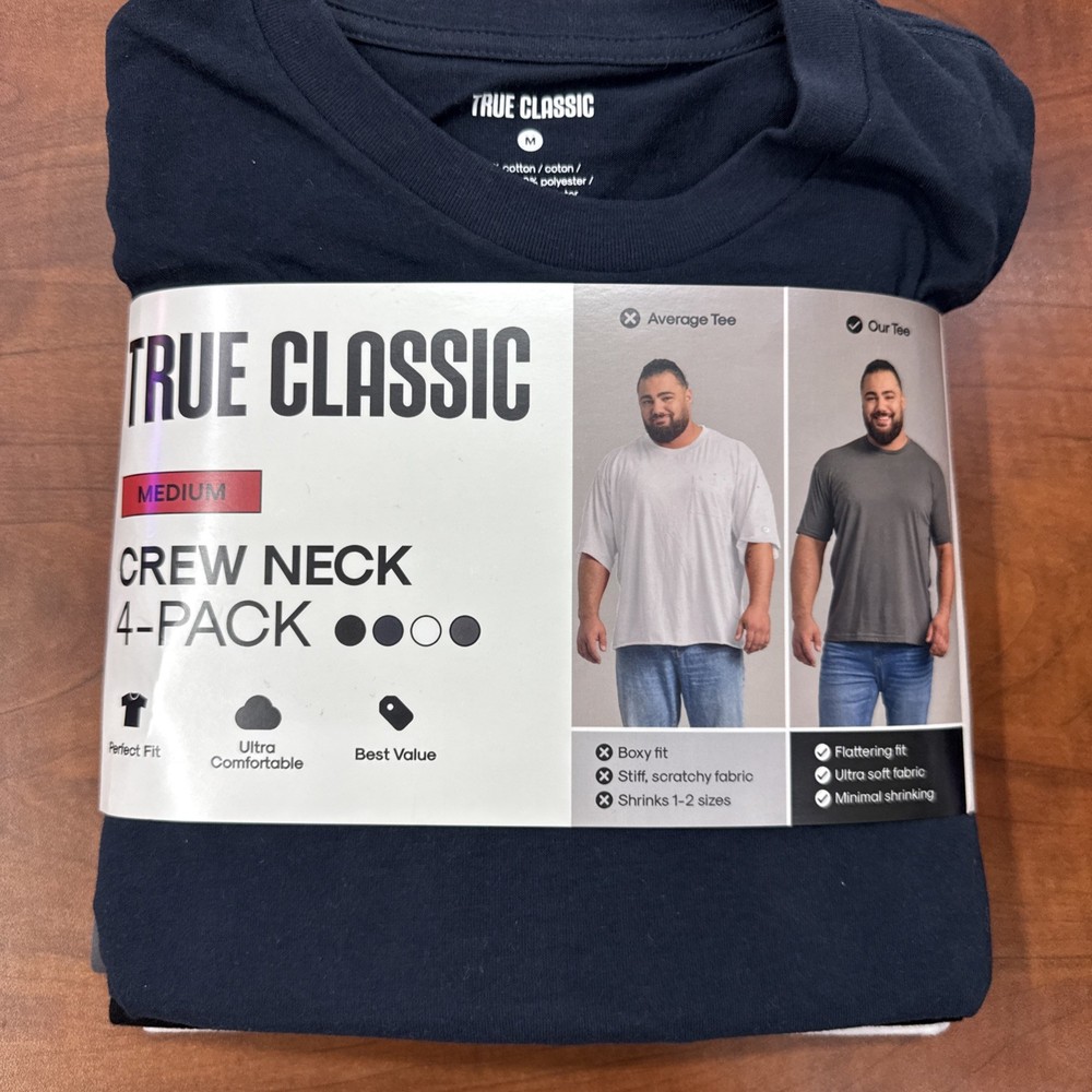 True Classic 4 Pack Crew Neck Size M – Black/White/Navy/Carbon