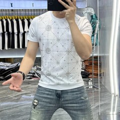 New Fashion Star Rhinestone Summer Short Sleeve Luxury Black White Men T-Shirt
