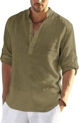 COOFANDY Men’s Cotton Linen Henley T-Shirt Long Sleeve Hippie Casual Beach green
