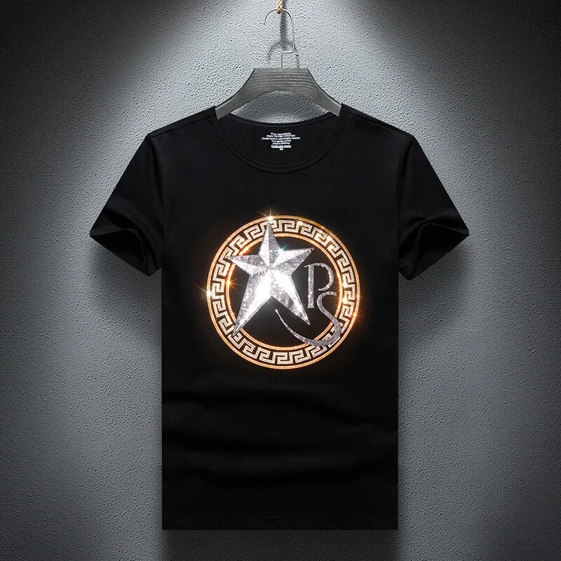 New Fashion Star Rhinestones Summer Short Sleeve Luxury Men Cotton T-Shirt
