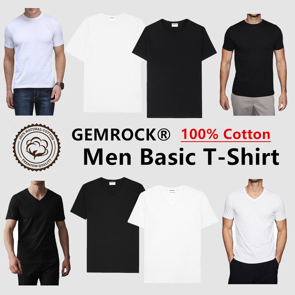 Black White Men 100% Thick Cotton Casual T-Shirt Short Sleeve Tee Crew V Neck