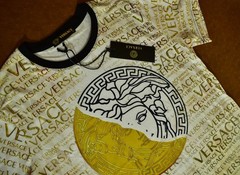 Versace Men’s Medusa T-Shirt Gold Black All Over Logo Short Sleeve Tee Size L