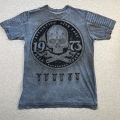 VTG Affliction Shirt Mens Small S Born Free Skull Wrench Moto Pleated Shoulder T