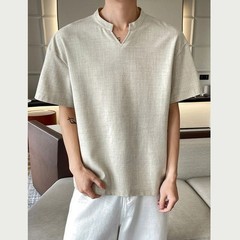 Loose Fit Men’s T-Shirt Imitation Linen V Neck Short Sleeve Summer Top