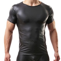 Glossy Pvc Leather Mens Short Sleeve Tops Fitness Club T-shirt New Tops Clothing