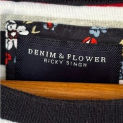 Denim & Flower Navy Blue, Red, White & Gray Striped T Shirt Size Large Crew Neck