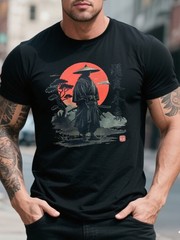 Anime Samurai Warrior Red Sun Graphic T-Shirt Japanese Manga Tee