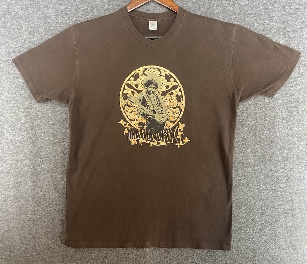 SEE PICS Jimi Hendrix Gold Foil Graphic Tshirt Guitar Brown Mens Large Tee Shirt