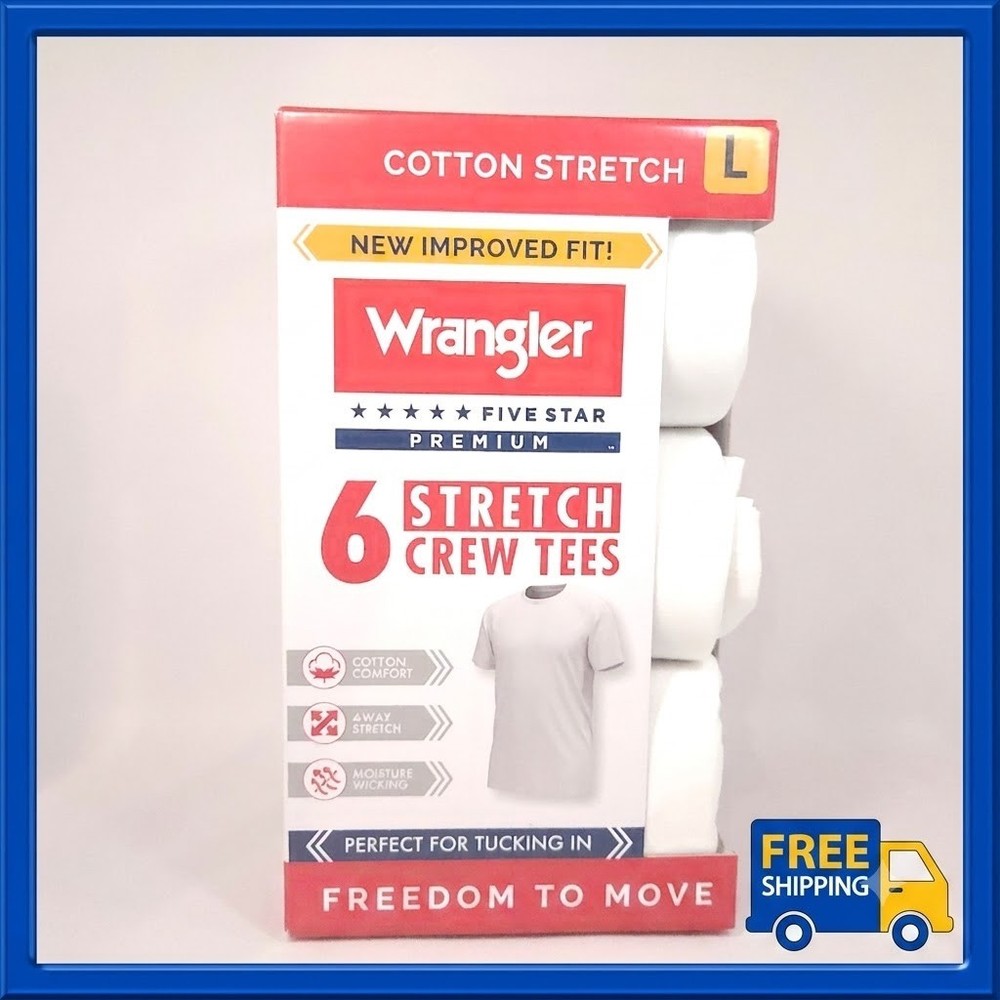 Wrangler Men 6 Pack Cotton Stretch Crew Neck Undershirts White Tee Shirts Size L