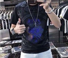 New Men Luxury Rhinestones Fashion T-Shirt High Quality Black White