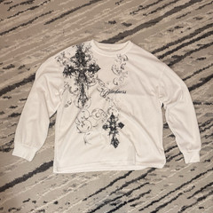 Men’s L White Cotton Long Sleeve Crew Neck Graphic Cross Print T-Shirt