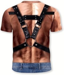 Funny 3D Leather Harness T Shirt Men Fake Six Pack Abs Muscle Body Rave Gag Gift