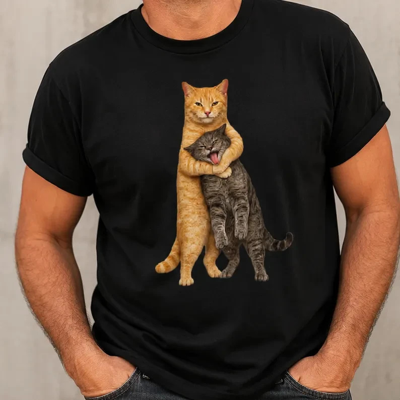 Orange Cat Tight Embrace Meme T-Shirt, Funny Cat Hugging Gray Tabby Tee