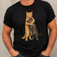 Orange Cat Tight Embrace Meme T-Shirt, Funny Cat Hugging Gray Tabby Tee
