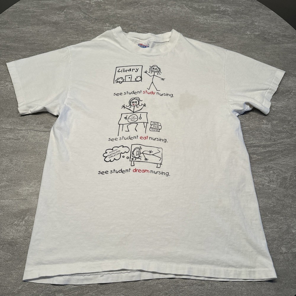 Vintage 90s Study Eat Dream Nurse RN Single Stitch Shirt Large Cartoon VTG