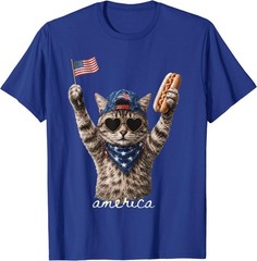 Retro Funny America Cat Hot Dog Lovers Patriotic US Flag T-Shirt