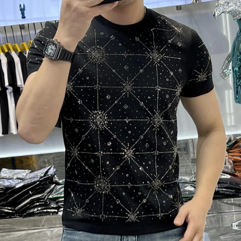 New Fashion Star Rhinestone Summer Short Sleeve Luxury Black White Men T-Shirt