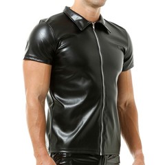 Men T-shirts Short Sleeve Shirts Zip Nightclub Stage Tops Black PU Leather Tees