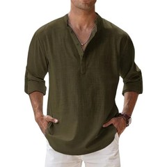 Men’s Cotton Linen Henley Long Sleeve Shirt Casual Beach T-shirt Tee Summer Gift