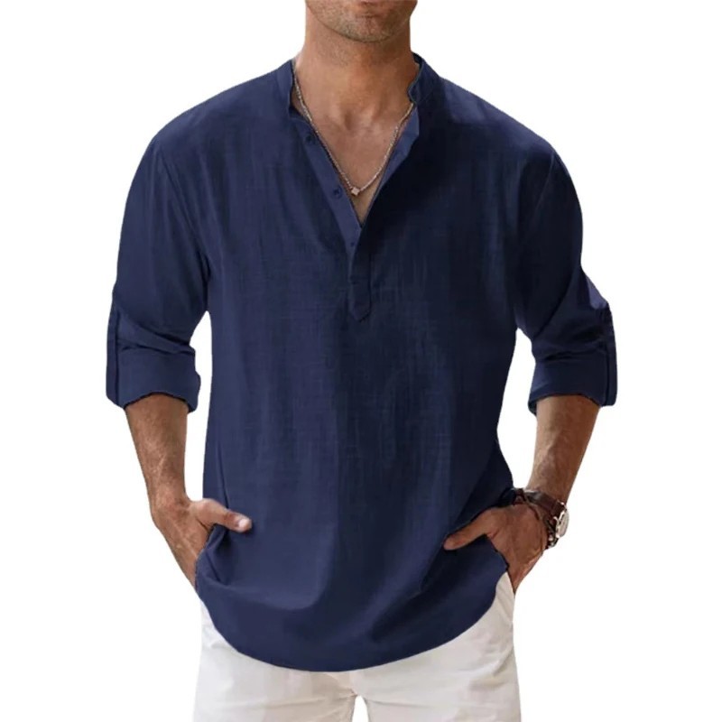 Men’s Cotton Linen Henley Long Sleeve Shirt Casual Beach T-shirt Tee Summer Gift
