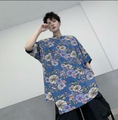 Mens Youth Casual Fashion Floral Short Sleeves Loose Irregular T-Shirt Tee Top
