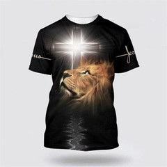 The Light Shines In The Darkness Lion Cross Christian 3D T-Shirt Full Size S-5XL