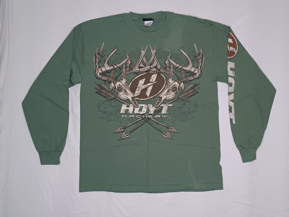 Vintage Hoyt Archery Bowhunting Green Long Sleeve Shirt Size L Graphic