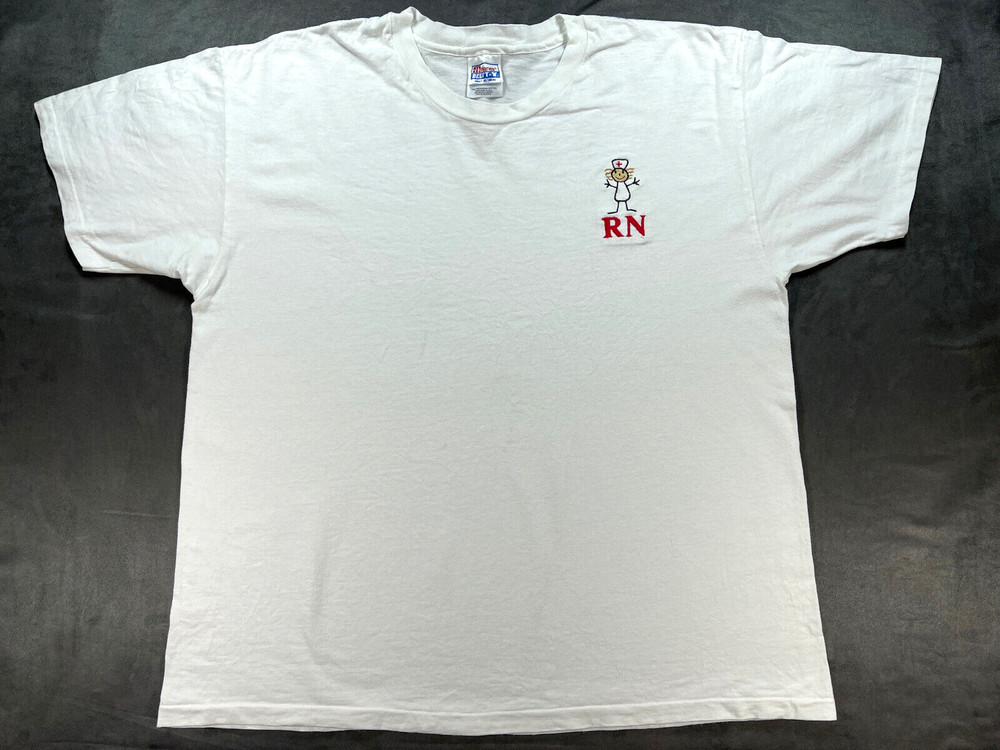 White VTG Single Stitch RN Registered Nurse Medical Treatment Health Shirt XL
