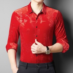 Men Velevt Blouse Shirts Tops Floral Printed Retro Plush Casual Formal Cardigan