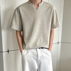 Loose Fit Men’s T-Shirt Imitation Linen V Neck Short Sleeve Summer Top