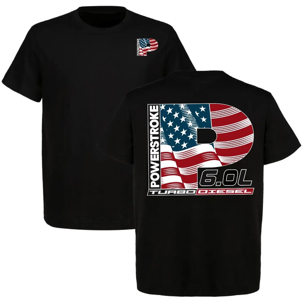 6.0L Powerstroke Turbo Dsel USA Flag 2-Sided T-Shirt, Parts Shirt For Truck