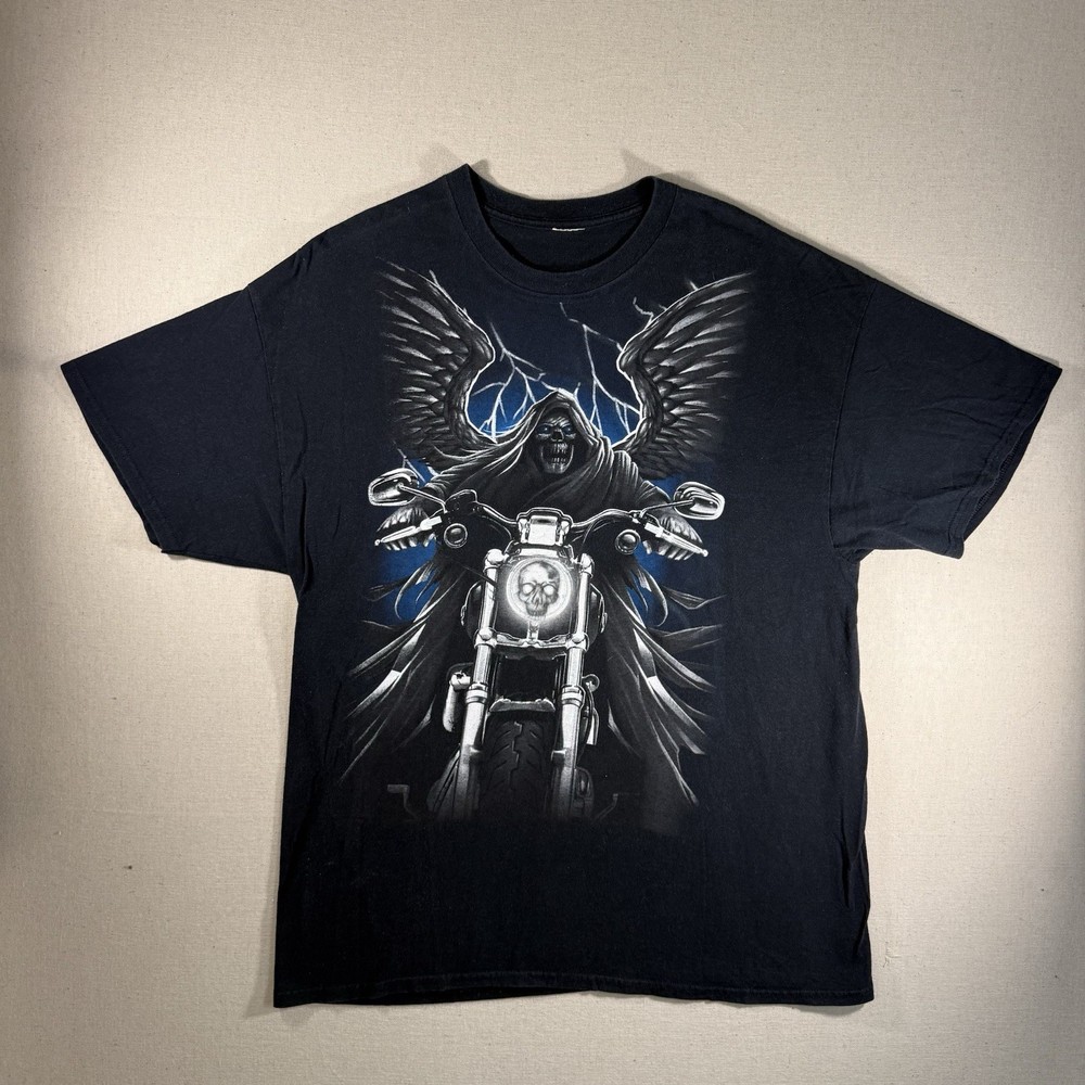 Vintage Grim Reaper Motorcycle Biker Skull L T Shirt Skeleton Goth Grunge 90s