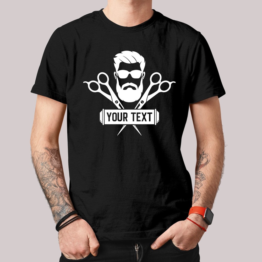 Personalised Barber Logo Your Text T-Shirt Printed Hairdresser Customise Tee Top