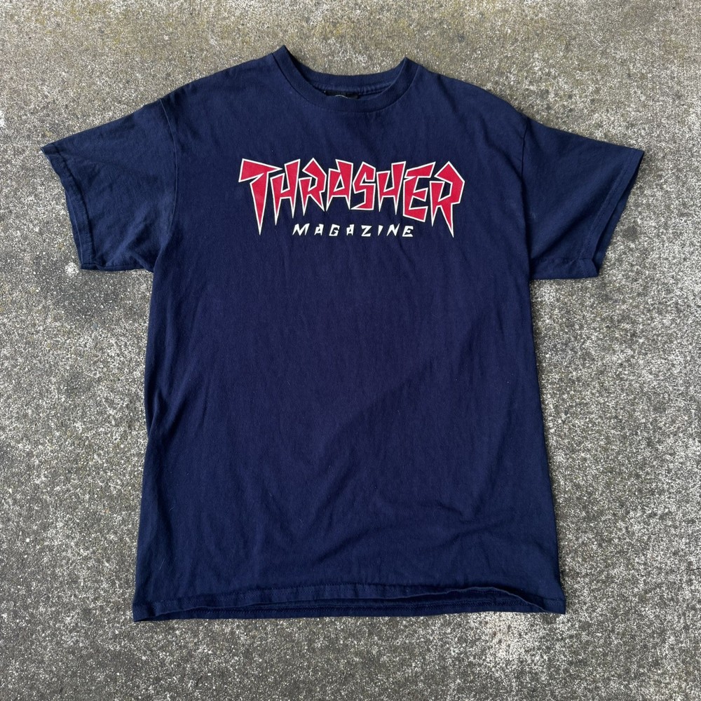 Y2K Thrasher Magazine JAGGED LOGO Skateboard T-Shirt NAVY BLUE & Red