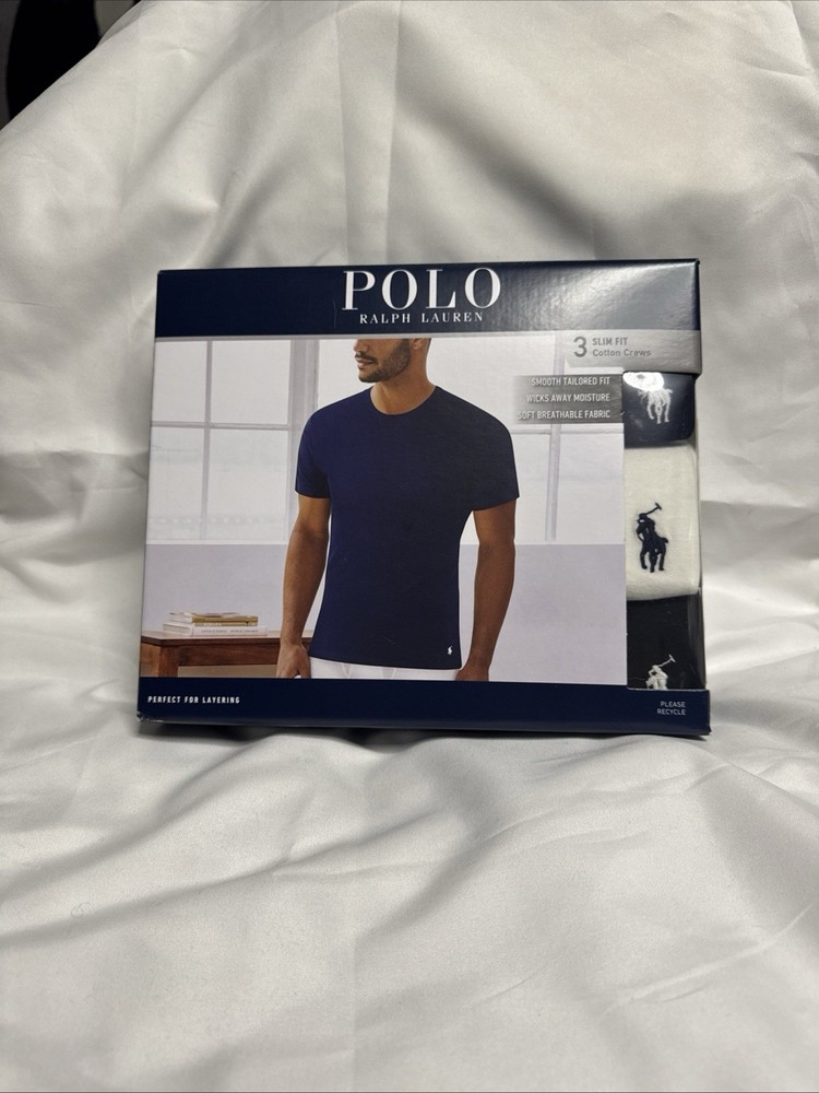 POLO RALPH LAUREN Men’s XL Slim Fit Crewneck 3 Pack T-Shirts Navy Wht Blk NEW