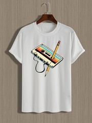 Men Retro Cassette Print T-Shirt – Casual Crew Neck, Slight Stretch, Summer Top▧