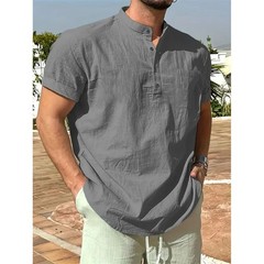 Men’s Cotton Linen Henley Shirt Short Sleeve Casual Summer Tee