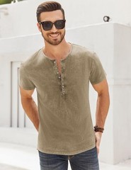 Mens Distressed Henley Shirt Short Sleeve Retro Washed Casual Slim Fit Tee