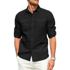 Men’s Cotton Linen Double Pocket Shirt Breathable Casual Smart Fit Holiday Gift