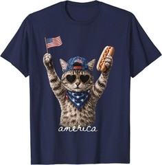 Retro Funny America Cat Hot Dog Lovers Patriotic US Flag T-Shirt