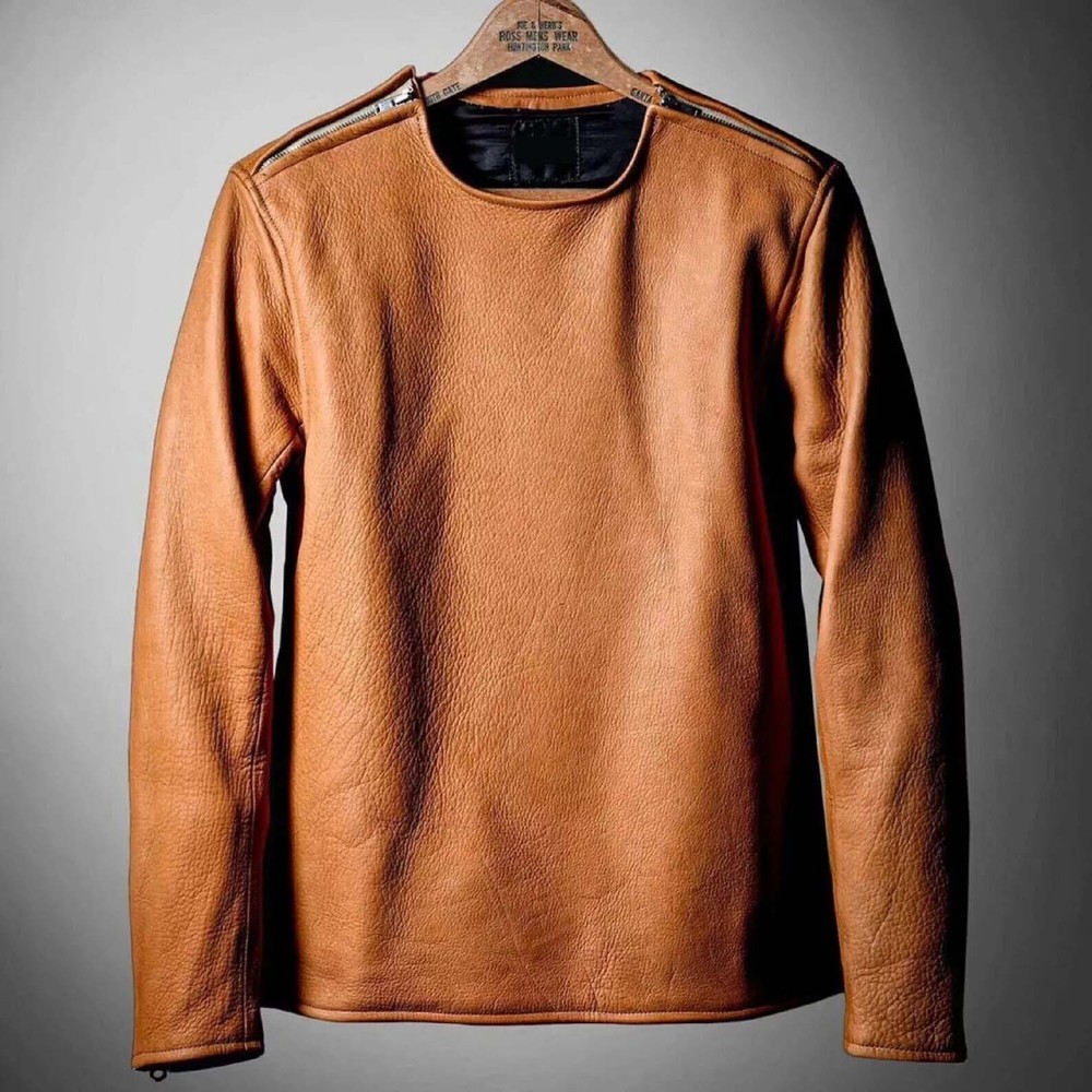 New men’s brown leather T-Shirt Real Soft slim fit Lambskin leather round neck