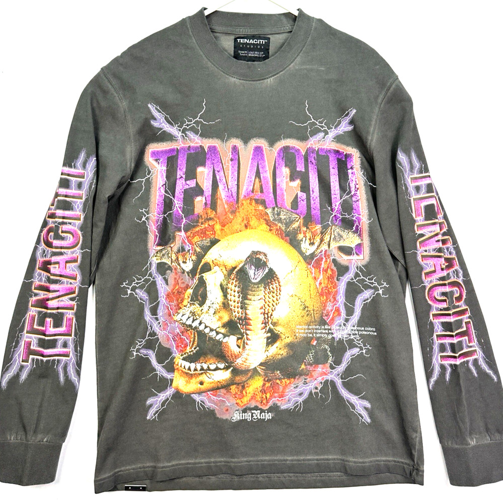 Tenaciti Crewneck T-Shirt Mens Medium Black Long Sleeve Cobra Skull Streetwear