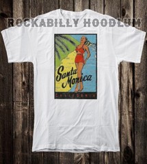 Retro Travel Tee T Shirt Pinup Girl California State Santa Monica