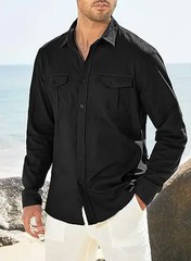 Men’s Cotton Linen Double Pocket Shirt Breathable Casual Smart Fit Holiday Gift