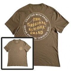 True Religion T Shirt Mens L Khaki Brown Wavy Buddha Logo Gold Graphic Print S/S