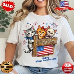 4th Of July Cat Shirt, Happy 250th Anniversary Patriotic Kitten T-Shirt S-3XL