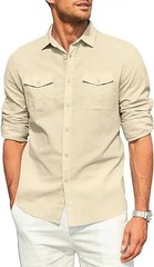 Men’s Cotton Linen Double Pocket Shirt Breathable Casual Smart Fit Holiday Gift