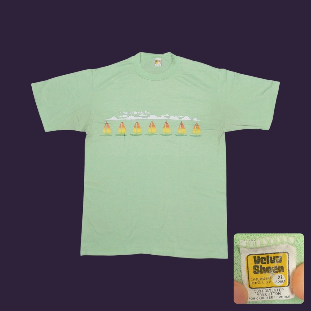 70s Velva Sheen Mens Large T Shirt Ft Walton Beach Florida Sailboat Pastel Green