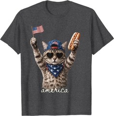 Retro Funny America Cat Hot Dog Lovers Patriotic US Flag T-Shirt